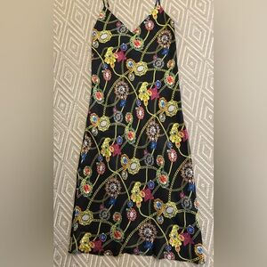 L'AGENCE Jodie Silk Slip Dress Black Multi Jewel Print Midi Size 0